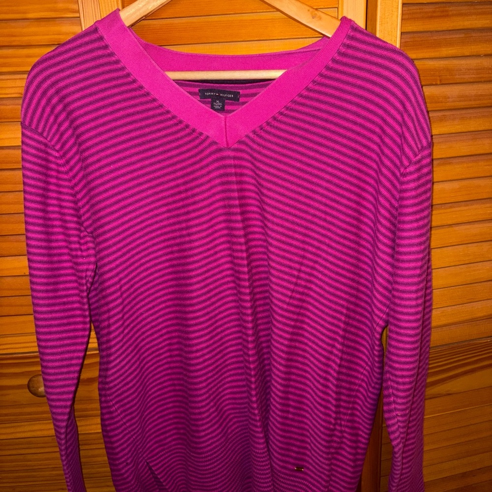 Tommy Hilfiger Fuchsia and Black Striped V-Neck Sweater